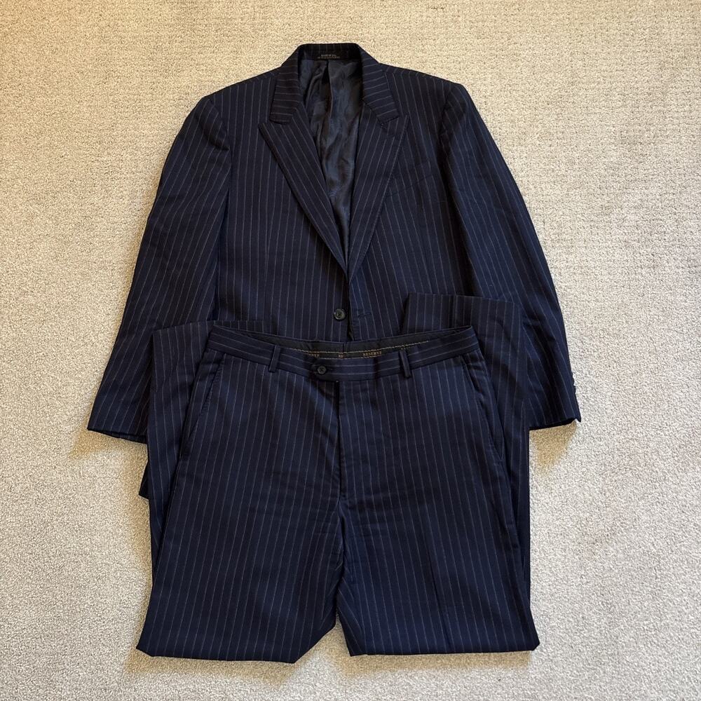 Jos. A. Bank Reserve Suit Mens 42L Navy Striped Vitale Barberis Canonico Super